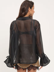 Organza Button-Up Blouse — Black