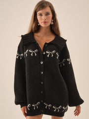 Bow Intarsia Knit Sweater — Black