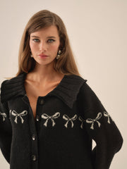 Bow Intarsia Knit Sweater — Black
