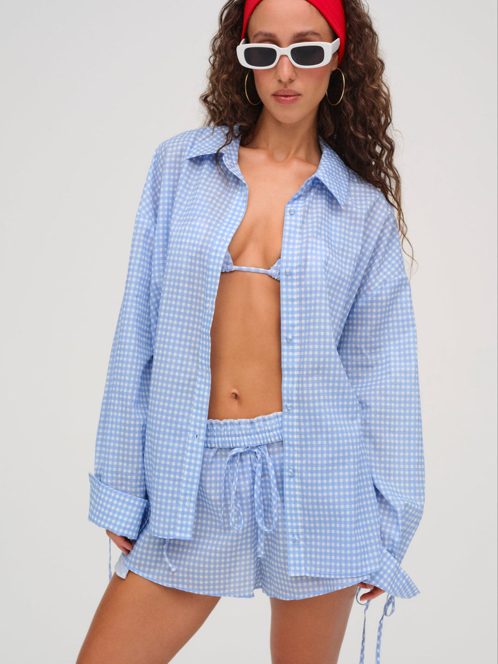 Gingham Button-Down Top — Blue