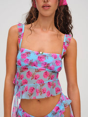 Floral Stems Ruffle Tankini — Blue