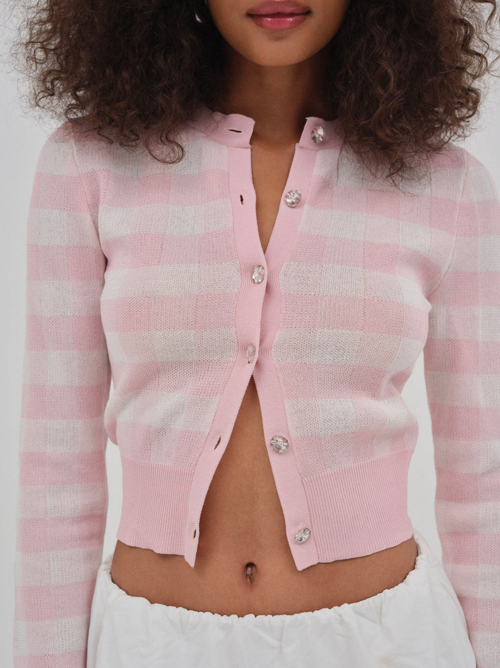 Brushed Gingham Knit Cardigan — Pink