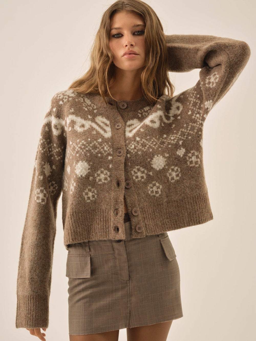 Arabella Intarsia Crewneck Cardigan — Brown