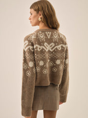 Arabella Intarsia Crewneck Cardigan — Brown