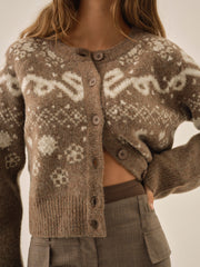 Arabella Intarsia Crewneck Cardigan — Brown