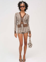Gingham Knit Cardigan — Brown