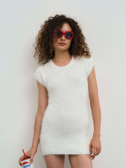 Fuzzy Knit Mini Dress — White