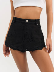 Daisy Eyelet Denim Skort — Black