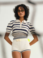 Simona Pointelle Striped Short — Navy