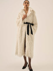 Ruffle Faux Feather Coat — Cream