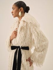 Ruffle Faux Feather Coat — Cream