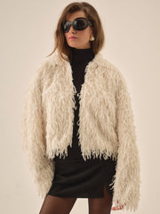 Ruffle Faux Feather Jacket — Cream