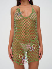 Tulip Grid Rhinestone Dress — Green