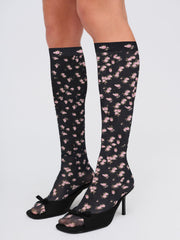 Floral Knee-High Socks — Black