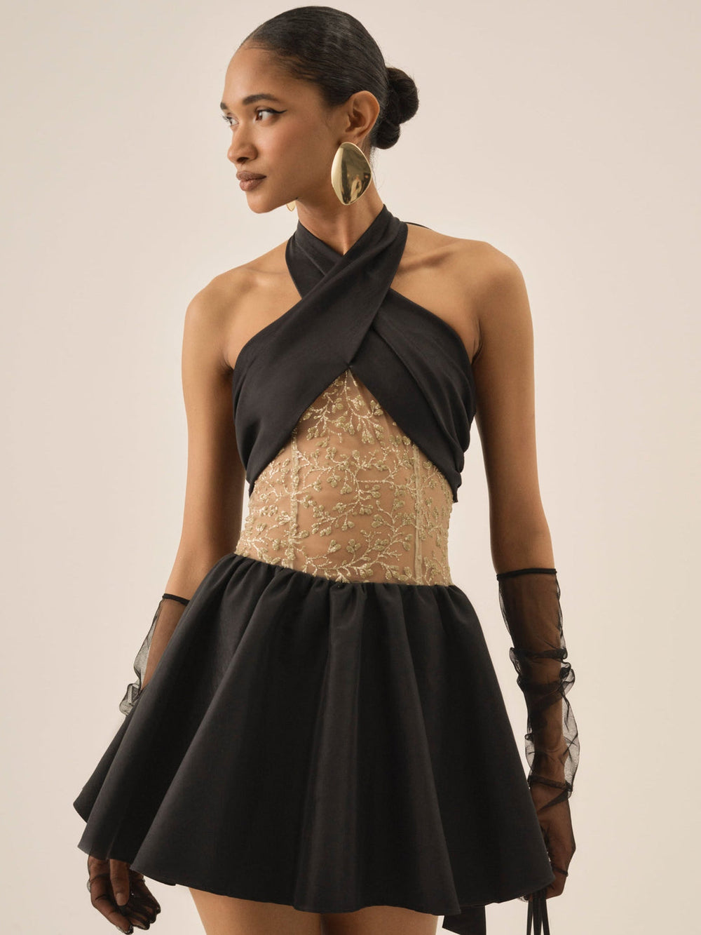 Shimmering Petals Mini Dress — Black