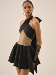 Shimmering Petals Mini Dress — Black