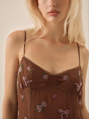 Beaded Garden Bow Mini Dress — Brown