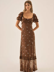 Beaded Garden Bow Maxi Dress — Brown