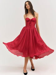 Satin Burnout Stripe Midi Dress — Red