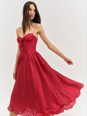 Satin Burnout Stripe Midi Dress — Red