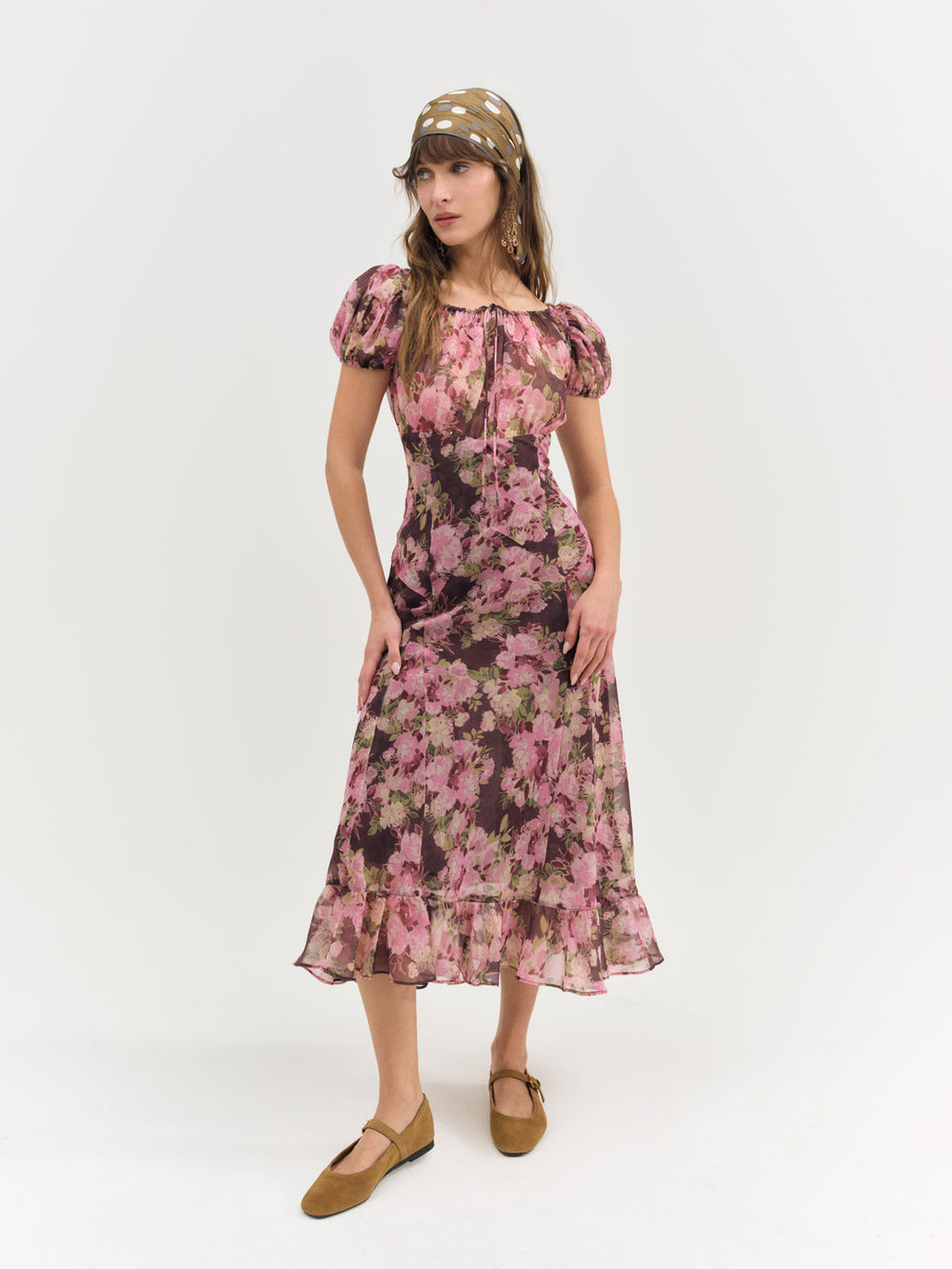 Adeline Floral Midi Dress — Brown