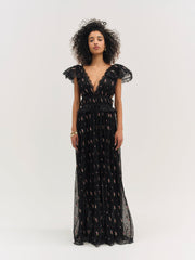 Poppy Pleated Lace Maxi Dress — Black