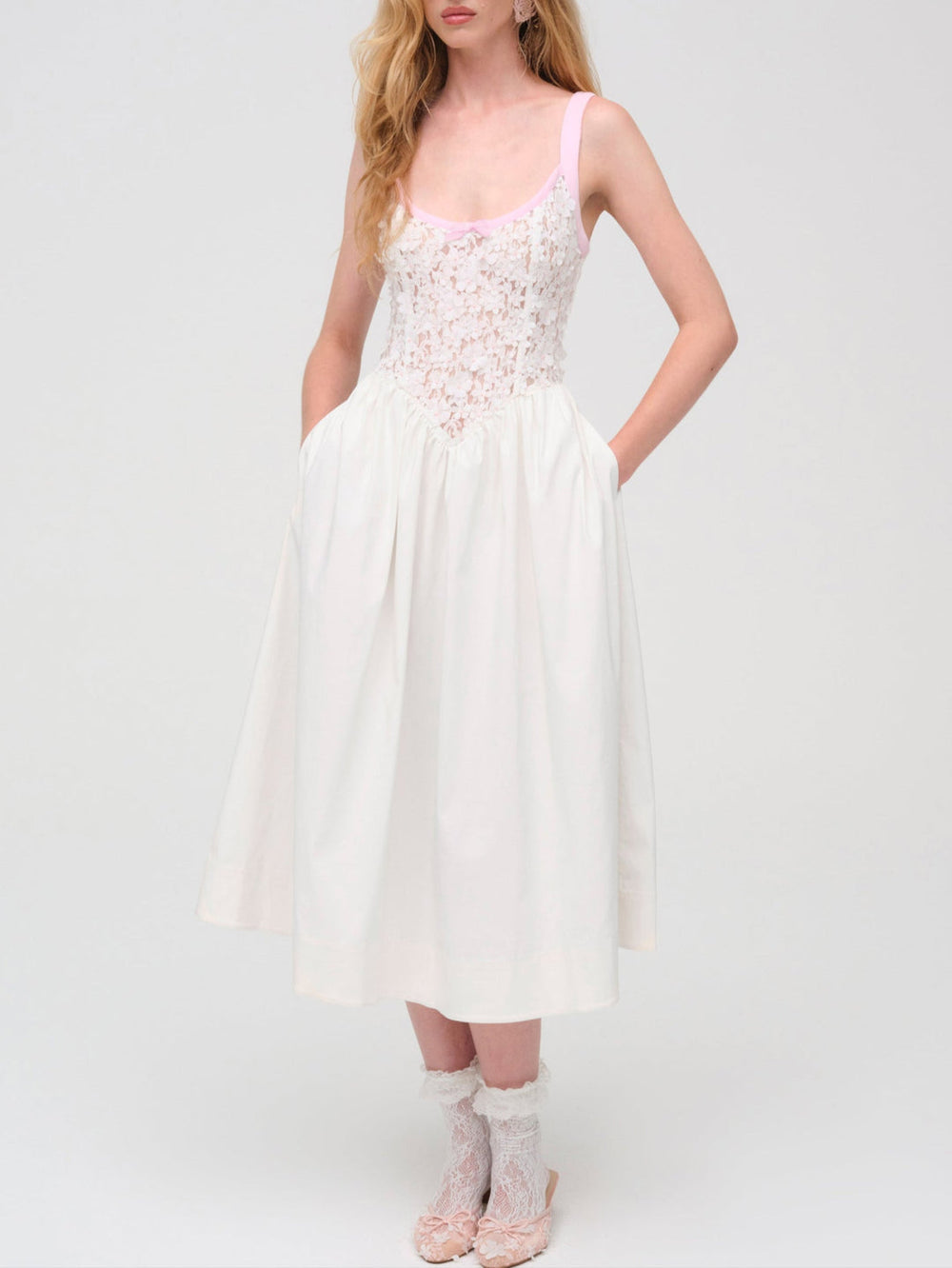 Stacked Blossom Lace Midi Dress — White