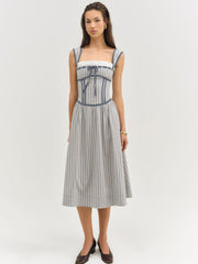 Linen Stripe Midi Dress — Blue