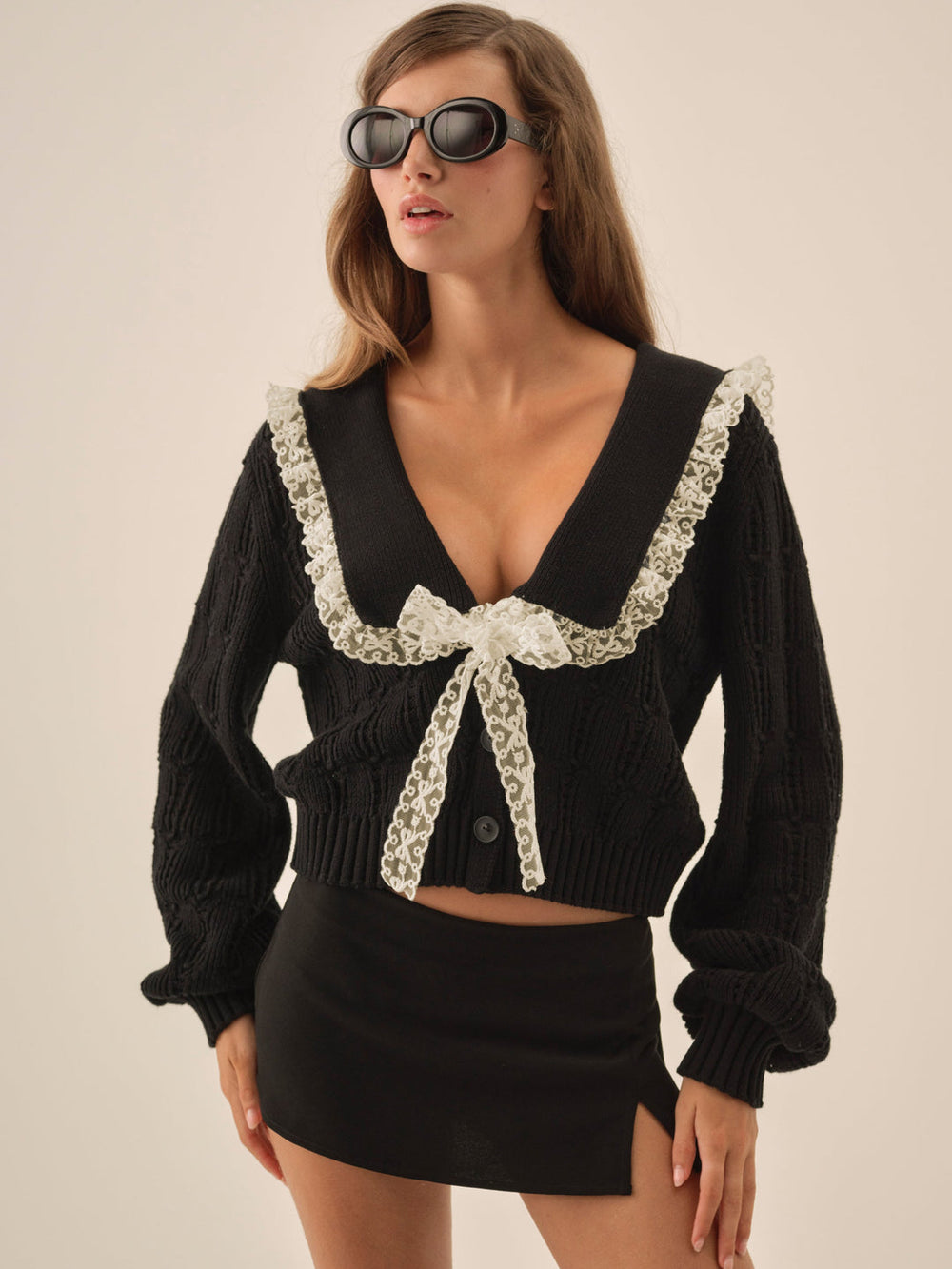 Frenchy Pointelle Knit Cardigan — Black
