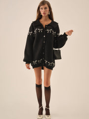 Bow Intarsia Knit Sweater — Black