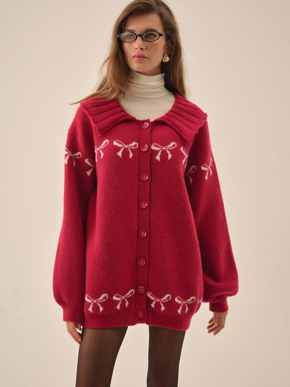 Bow Intarsia Knit Sweater — Red