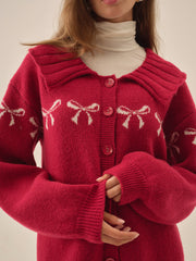 Bow Intarsia Knit Sweater — Red