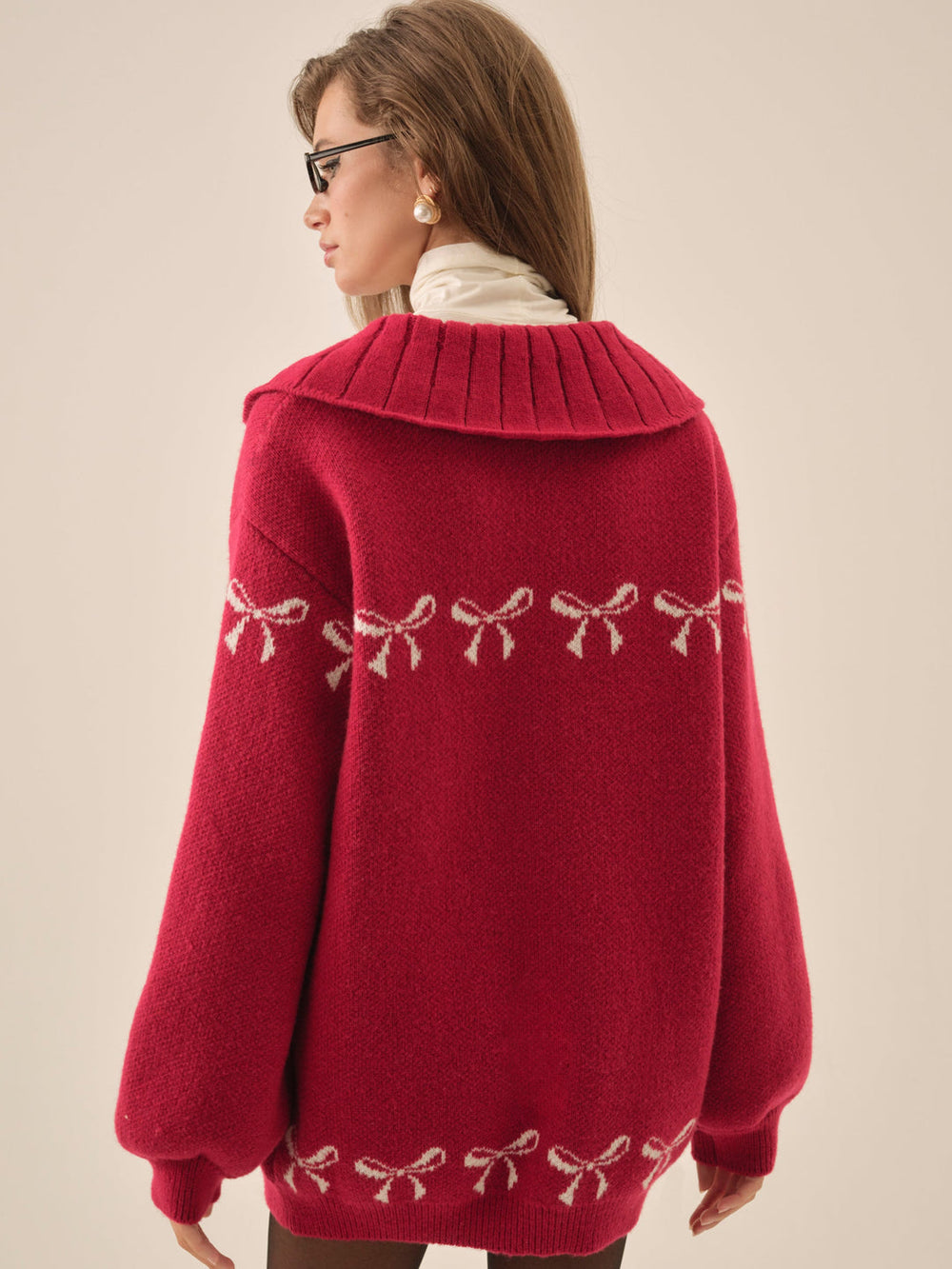 Bow Intarsia Knit Sweater — Red