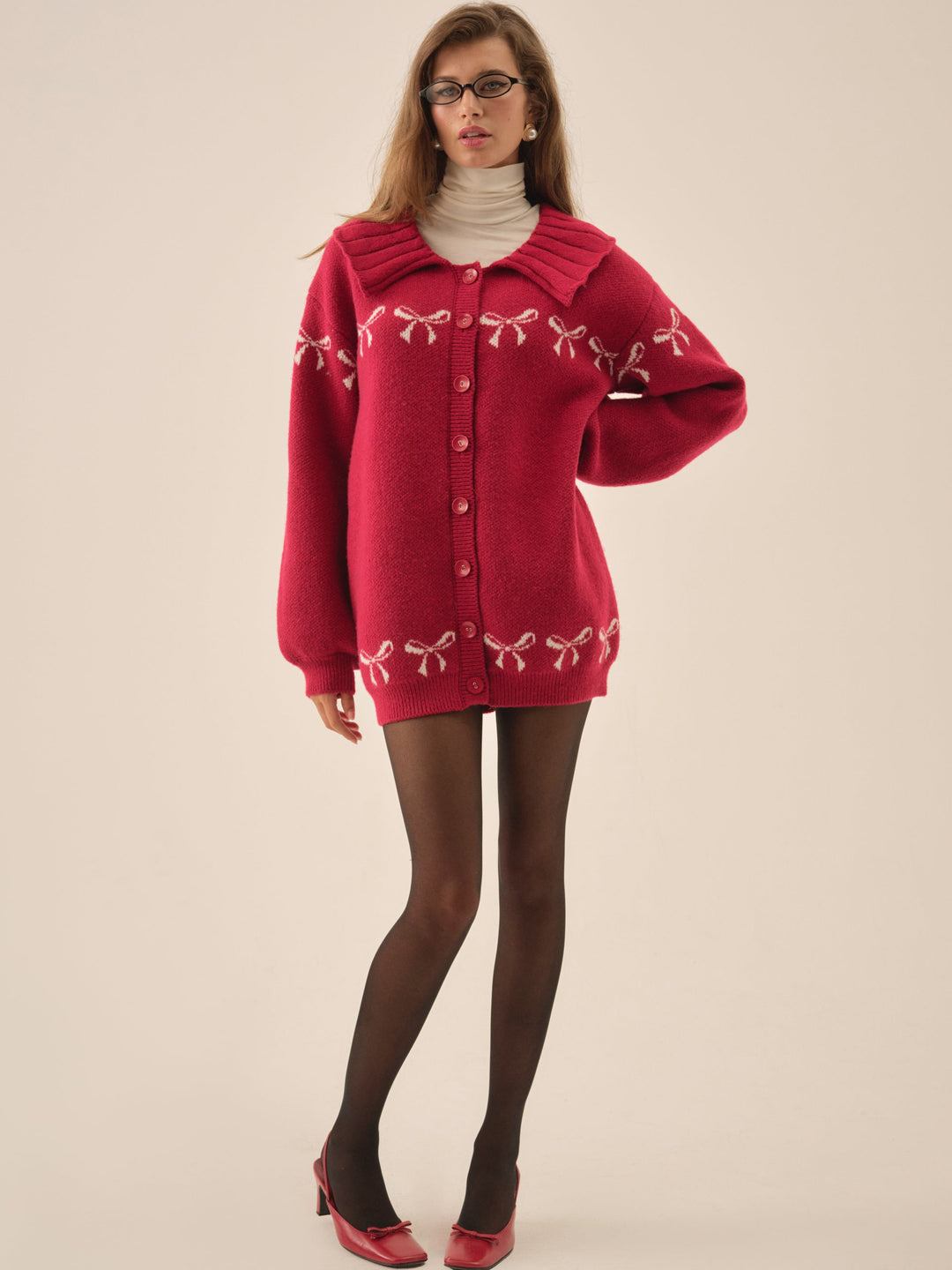 Bow Intarsia Knit Sweater — Red