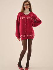 Bow Intarsia Knit Sweater — Red