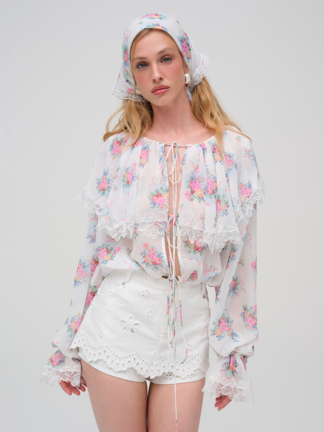 Doily Bouquet Long Sleeve Top — White