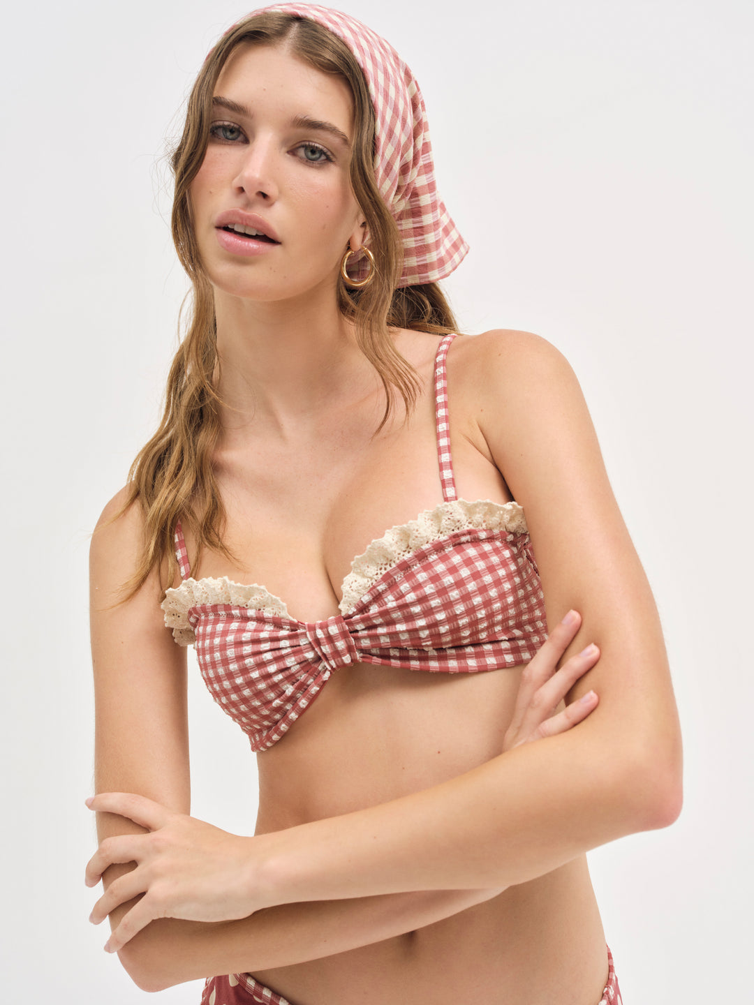 Gingham Bandeau Bikini Top — Red
