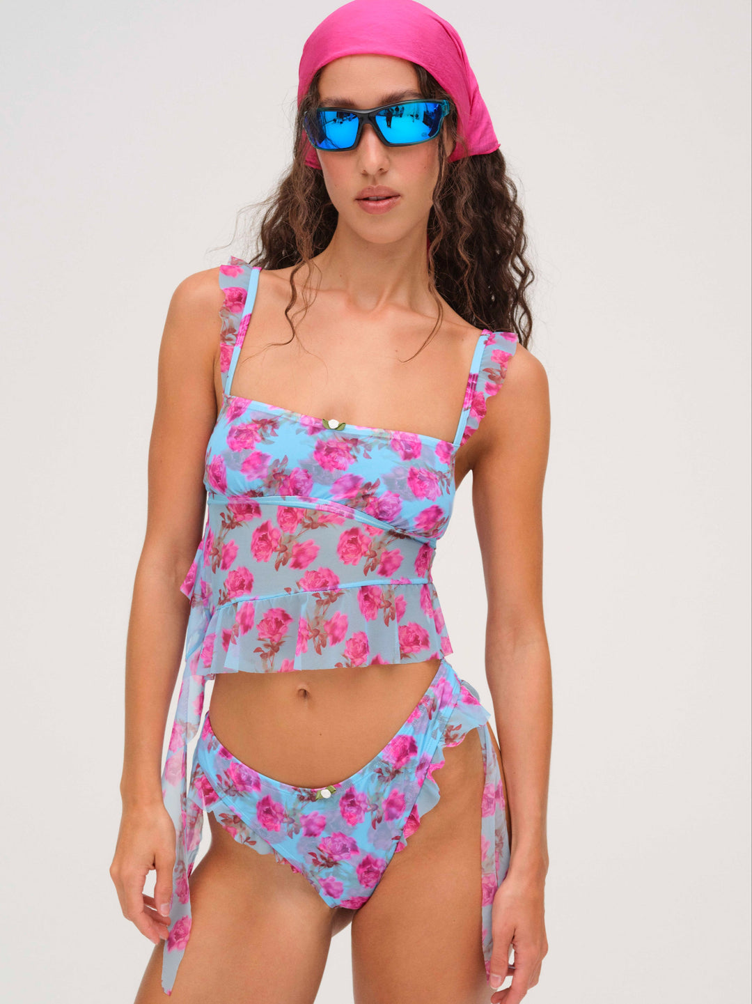 Floral Stems Ruffle Tankini — Blue
