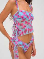 Floral Stems Ruffle Tankini — Blue