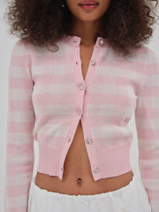 Brushed Gingham Knit Cardigan — Pink