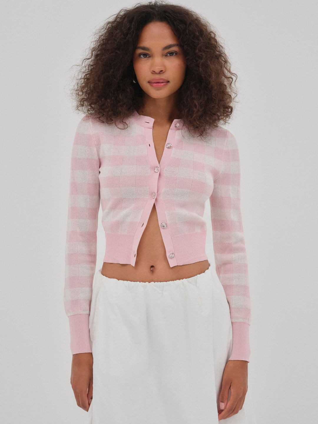 Brushed Gingham Knit Cardigan — Pink
