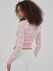 Brushed Gingham Knit Cardigan — Pink