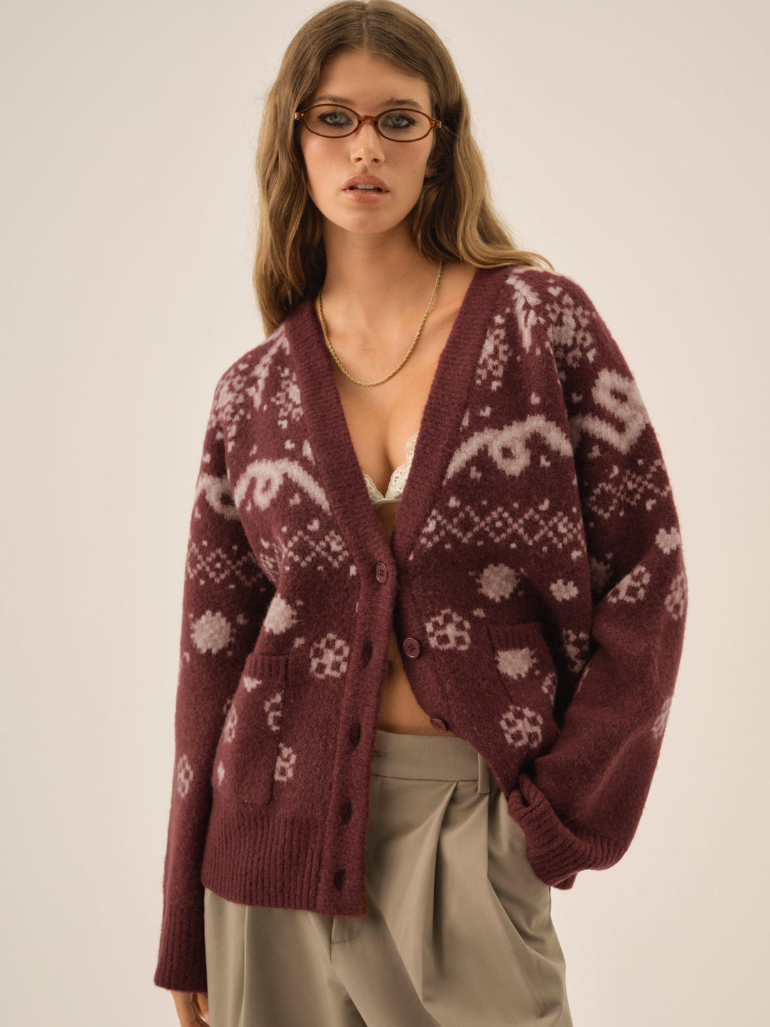 Arabella Intarsia Chunky Cardigan — Mauve