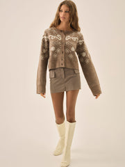 Arabella Intarsia Crewneck Cardigan — Brown