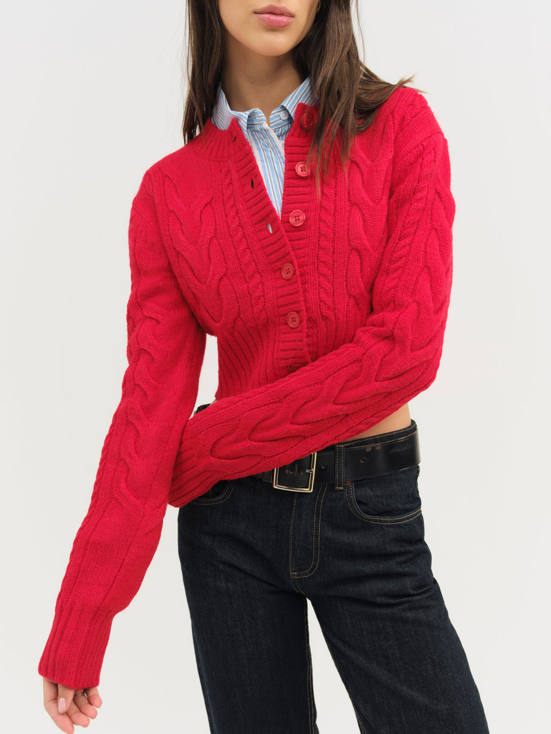 Camille Cable Knit Cardigan — Red
