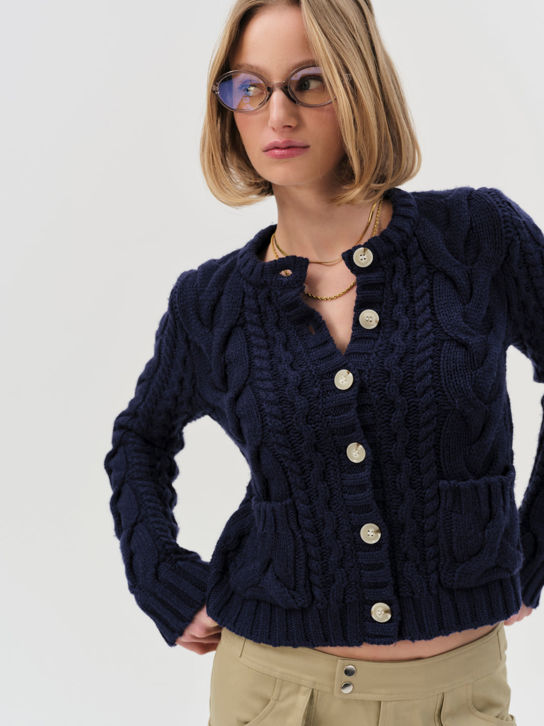 Emily Cable Knit Cardigan — Navy