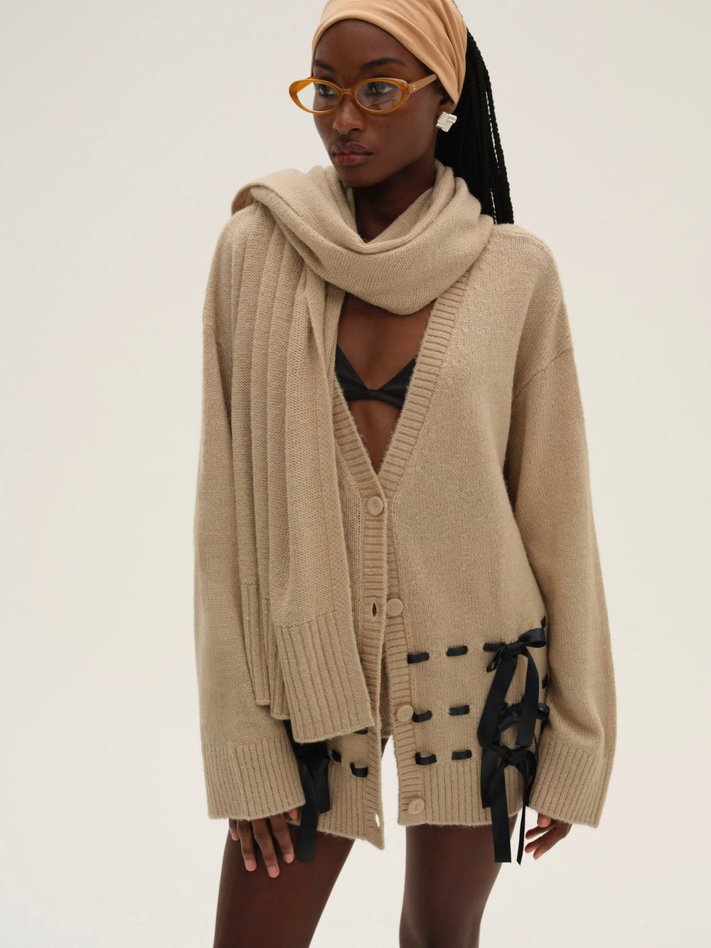 Solana Cardigan with Scarf — Tan