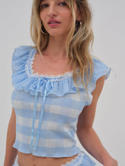 Brushed Gingham Knit Top — Blue