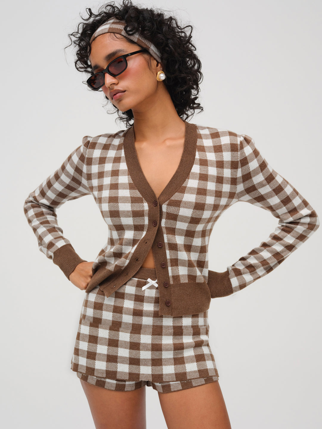 Gingham Knit Cardigan — Brown