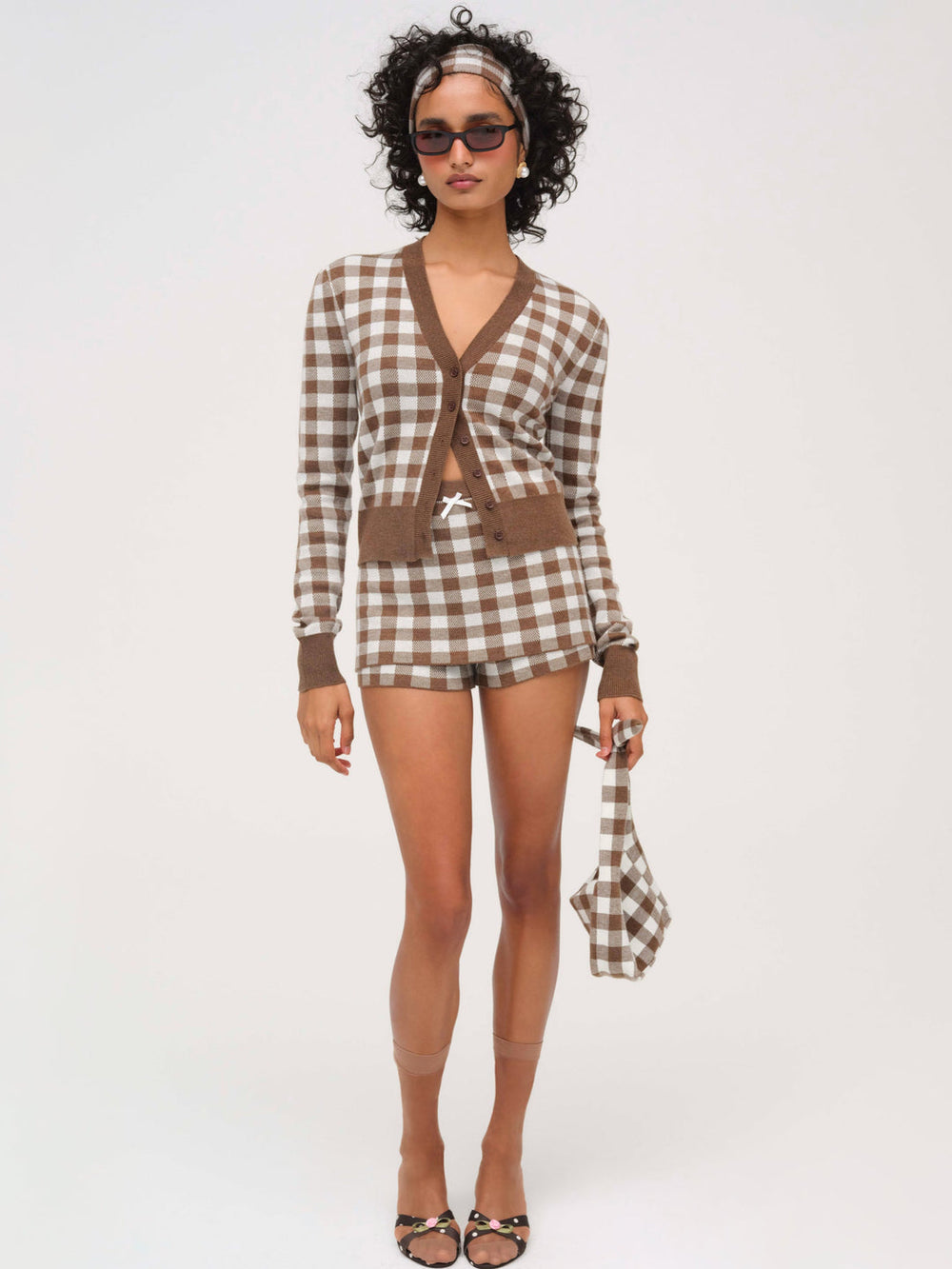 Gingham Knit Cardigan — Brown